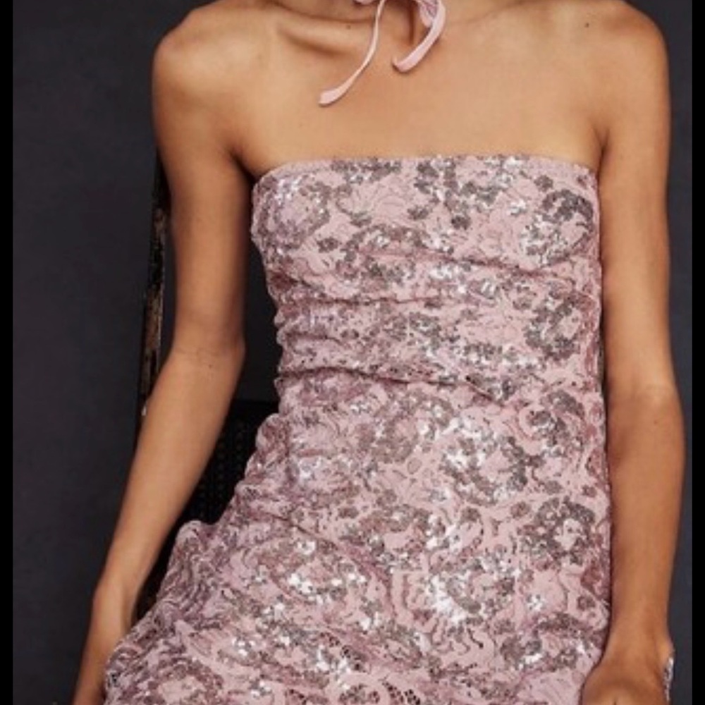 Free People Night Gaze Strapless Sequin Lace Mini Dress Blush Pink XS - Picture 6 of 6